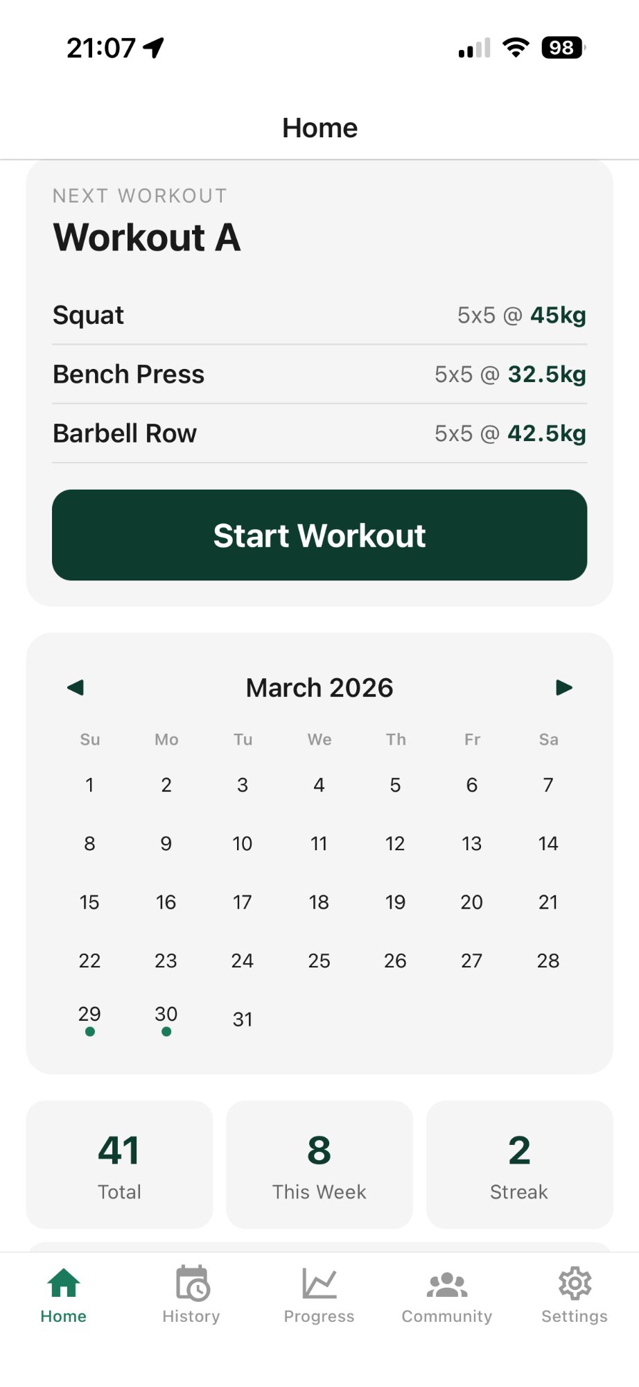 LiftStrong home screen